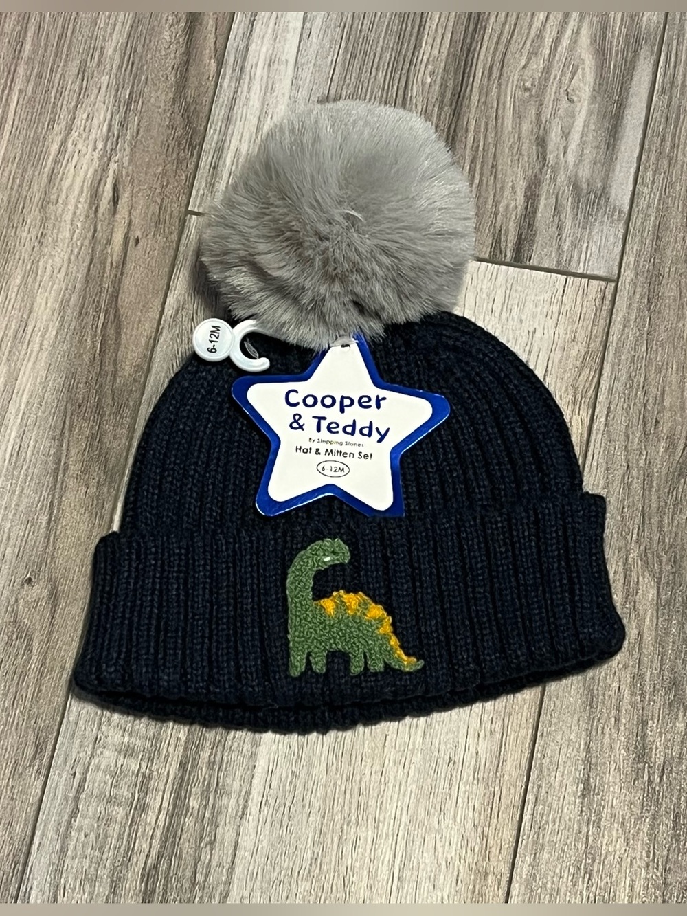 Cooper & Teddy Baby Boy Navy Knit Hat with Gray Pom and Green & Yellow Dino